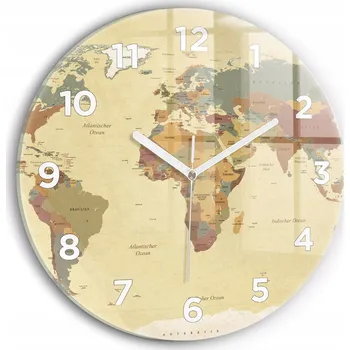 Hodiny Minimalistické Skleněné Nástěnné Hodiny Mapa světa ve vintage stylu fi30 cm