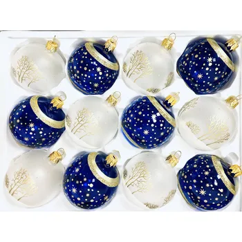 Vánoční ozdoba Irisa Sada 12 ks skleněných vánočních koulí 7 cm - motiv Popelky a Večernice (bílá a modrá, velikost 7cm)" Velikost: 7 cm, Balení: 7 cm, Barva: modrá;bílá