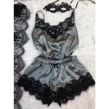 Dámské pyžamo Saténové pyžamo s krajkou pro ženy - šedá,XXL