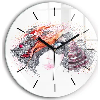 Hodiny Tiché skleněné nástěnné hodiny - Sladká žena s dortem kulatý, průměr 60 cm