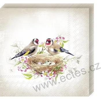 Papírový ubrousek IHR LOVELY GOLDFINCH béžové papírové dezertní ubrousky ptáci stehlíci u hnízda a růžové květy 20 ks