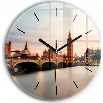 Hodiny Moderní skleněné hodiny s grafikou na zeď Big Ben panorama Londýna průměr 30 cm