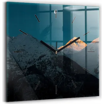 Hodiny Skleněné nástěnné hodiny do obýváku s grafikou Západ slunce v horách 30x30 cm
