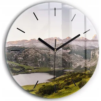 Hodiny Skleněné foto hodiny na zeď Jezero a hory Pyreneje černé ručičky fi60 cm
