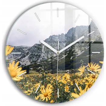 Hodiny Moderní skleněné nástěnné hodiny s potiskem Louka květy v horách průměr 30 cm