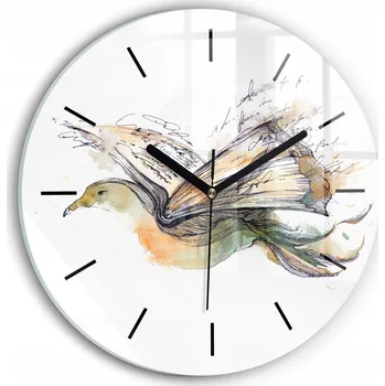 Hodiny Moderní skleněné foto hodiny na zeď Pták a kniha kulatý průměr 30 cm