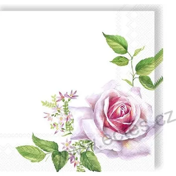 Papírový ubrousek IHR VALERIE papírové dezertní ubrousky rozkvetlý růžový květ růže a zelené lístky 20 ks