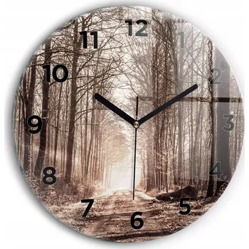 Hodiny Moderní skleněné nástěnné hodiny s potiskem Lesní cesta v sépii průměr 30 cm
