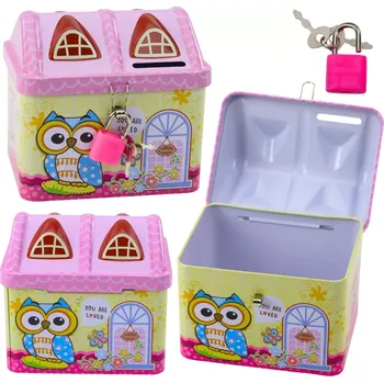 Pokladnička Pokladnička kovová Domek sova s klíčkem růžová