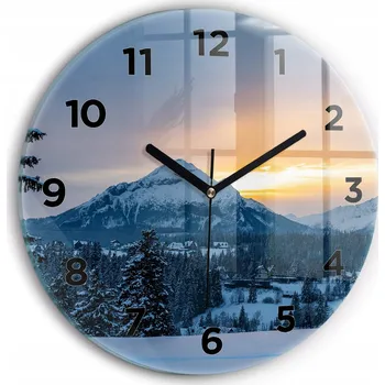 Hodiny Moderní skleněné hodiny s grafikou na zeď Horská krajina kulatý průměr 30 cm