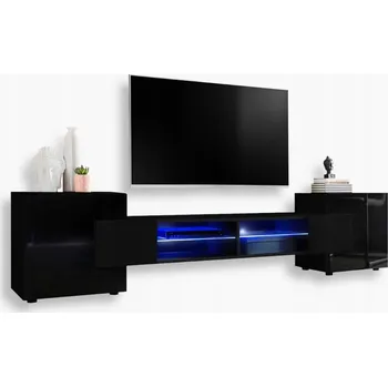 Televizní stolek Komodee TV stolek Merano, lesklá čela, skleněné police, modré LED osvětlení