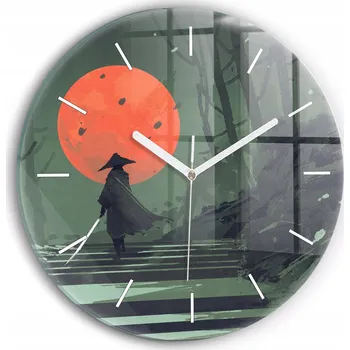 Hodiny Moderní skleněné hodiny s grafikou na zeď Samuraj v lese kulatý průměr 30 cm