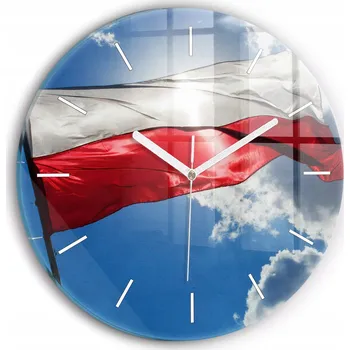 Hodiny Moderní skleněné nástěnné hodiny Vlajka Polský na pozadí oblohy kulatý průměr 30 cm