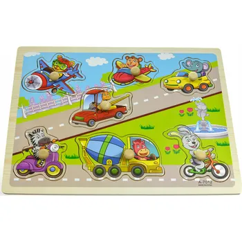 Dřevěná hračka STAVEBNICE EDUKAČNÍ VELKÉ DŘEVĚNÉ PUZZLE S ÚCHYTY VOZIDLA ZVÍŘÁTKA