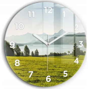 Hodiny Ozdobné nástěnné hodiny s krásnou grafikou Hory a pole, bílé ručičky, průměr 60 cm