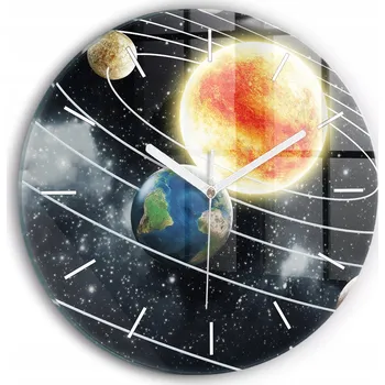 Hodiny Moderní skleněné hodiny s grafikou na zeď Sluneční soustava kulatý průměr 30 cm