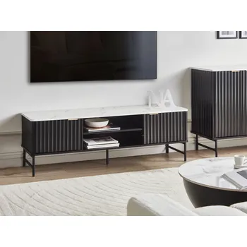 Televizní stolek Televizní stolek černý dřevovláknitá deska MDF mramorový efekt 180 x 40 cm úložný regál komoda otvor na kabely moderní obývací pokoj Beliani