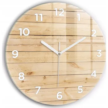 Hodiny Kulatý Skleněné Nástěnné Hodiny se Stylovým Potiskem Dřevěná Prkna fi30 cm