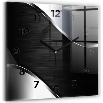 Hodiny Skleněné Čtvercové Nástěnné Hodiny s S Potiskem Černo-stříbrné linie 30x30 cm