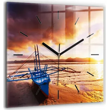 Hodiny Velké Skleněné Nástěnné Hodiny Tichý chod Loďka a západ slunce