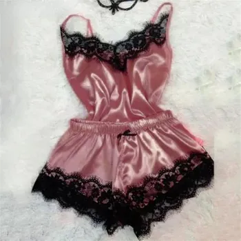 Dámské pyžamo Saténové pyžamo s krajkou pro ženy - Hnědá,L