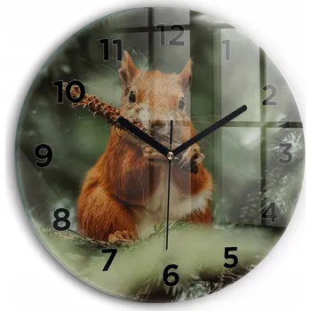 Hodiny Moderní skleněné hodiny s grafikou na zeď Veverka a divoká příroda průměr 30 cm