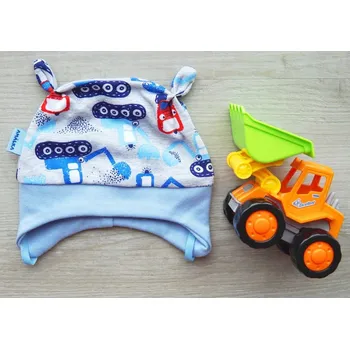 Kojenecká čepice AMÁLKA Bavlněná čepička s bagry, modrá Velikost: 56-62