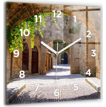 Hodiny Skleněné nástěnné hodiny do kanceláře S Potiskem Malebná ulice Rhodos 60x60 cm