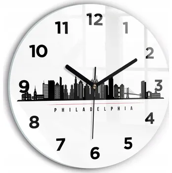 Hodiny Skleněné Kulatý nástěnné hodiny S Potiskem Ilustrace Philadelphia průměr 30 cm