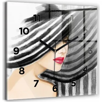 Hodiny Čtvercové skleněné nástěnné hodiny s motivem Žena v černé a bílé 30x30 cm