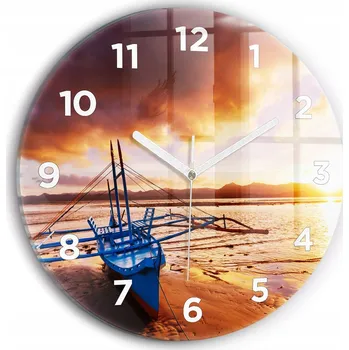 Hodiny Moderní skleněné nástěnné hodiny s potiskem Loďka a západ slunce průměr 30 cm