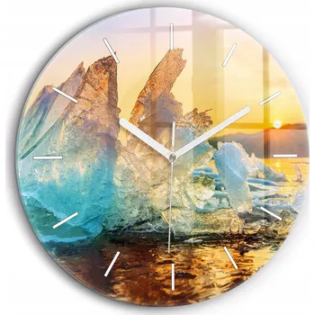 Hodiny Kulatý Skleněné Nástěnné Hodiny s Grafikou Ledovec a Východ Slunce průměr 60 cm