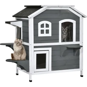 Dvoupatrový domeček pro kočky s terasou PawHut