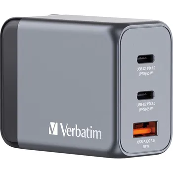 Cestovní adaptér Verbatim GNC-65 GaN 65W, 2x USB-C PD 65W, 1x USB-A QC 3.0 - stříbrný