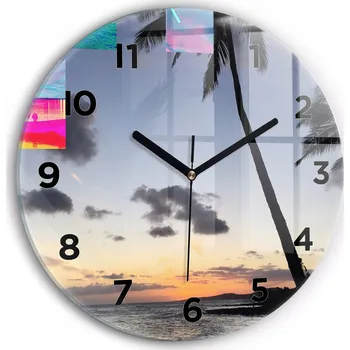 Hodiny Moderní skleněné foto hodiny na zeď Palma a východ slunce kulatý průměr 30 cm