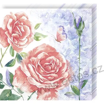 Papírový ubrousek IHR AQUARELL ROSE papírové dezertní ubrousky rozkvetlé květy růže a malý motýlek 20 ks