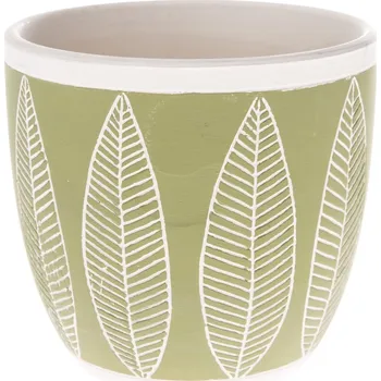 Biokrb Keramický obal na květináč Listy, zelená, 13,5 x 12,5 x 13,5 cm