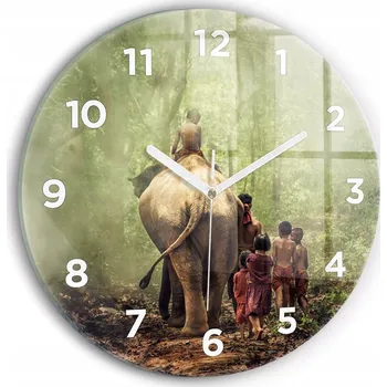 Hodiny Moderní skleněné hodiny s grafikou na zeď Děti vedoucí slona průměr 30 cm