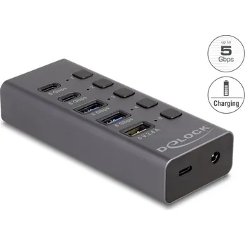 USB hub Delock rozbočovač USB 3.0 s 2x USB a 2 x USB-C a jedním rychlonabíjecím portem + přepínač