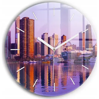 Hodiny Moderní skleněné foto hodiny na zeď Pohled na mrakodrapy USA kulatý průměr 30 cm