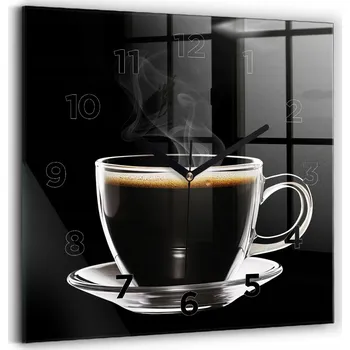 Hodiny Čtvercové Skleněné Nástěnné Hodiny se Stylovým Potiskem Černá káva 30x30 cm