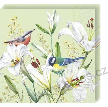 Papírový ubrousek IHR BIRDS IN LILIES světle zelené papírové dezertní ubrousky kvetoucí bílé lilie a drobní ptáčci 20 ks