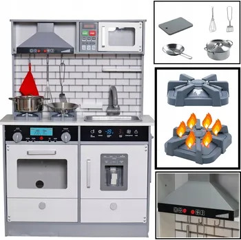 Dětská kuchyňka DĚTSKÁ DŘEVĚNÁ KUCHYŇKA S PŘÍSLUŠENSTVÍM + LED OSVĚTLENÍ HRNCE A DOPLŇKY