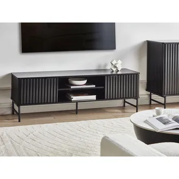 Televizní stolek Televizní stolek černý dřevovláknitá deska MDF 180 x 40 cm úložný regál komoda otvor na kabely moderní obývací pokoj Beliani