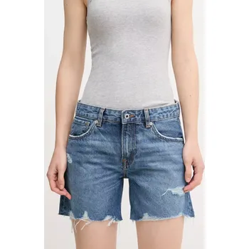 Dámské kraťasy Bavlněné riflové kraťasy Pepe Jeans REGULAR SHORT MW DISTRESSED dámské, modrá barva, hladké, medium waist, PL801186EE6 55X, vel. 25