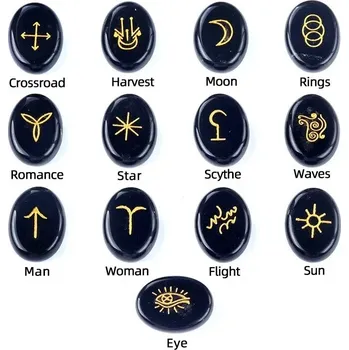 Runové kameny pro relaxaci | přírodní minerály, runový set - Černý obsidián