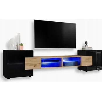 Televizní stolek Komodee TV stolek Merano, lesklá čela, skleněné police, modré LED osvětlení