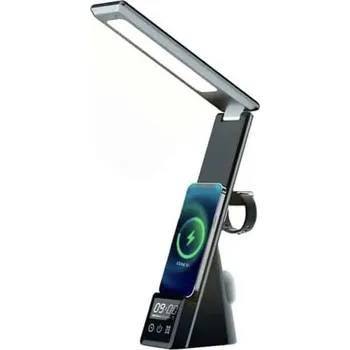Lampička Mobilly 5v1, stolní lampička, 15W bezdrátová nabíječka, budík, stojánek na telefon, černá