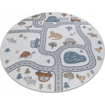 Koberec Dětský PRACÍ Koberec KULATÝ Ulice AUTA zvířata krémový kruh 160 cm
