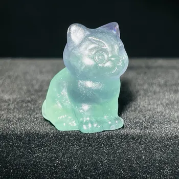 Sedící kočka z přírodního krystalu | kočičí soška, domácí dekorace - Fluorit